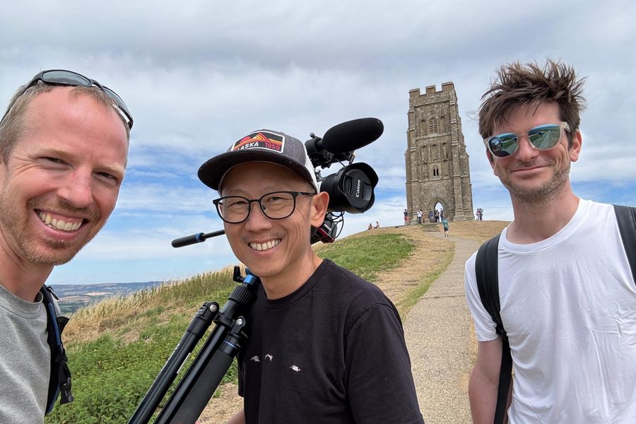 Andrew with the film crew on Glastonbury Tor