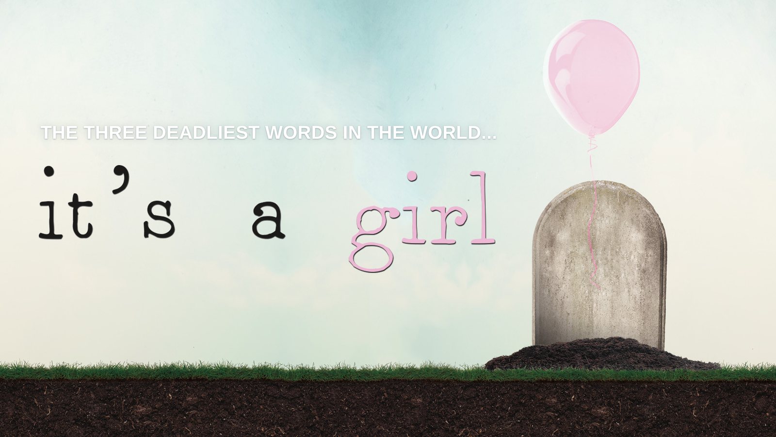 It's a Girl poster: a pink balloon tied to a small gravestone